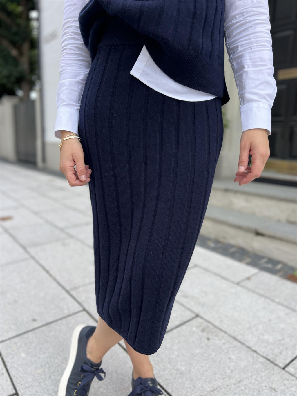 Gant Wide Ribbed Wool Skirt Evening Blue