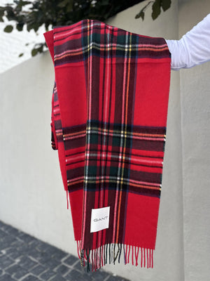 Gant Tartan Check Cashmere Blend Scarf Ruby Red